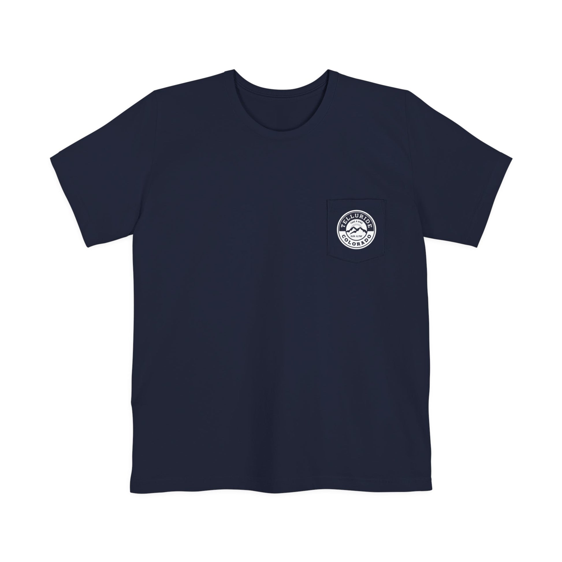 Navy pocket tshirt with a circle logo featuring white lettering saying "Take A Hike", "Telluride, CO", and "Elevation 8,750'". The tshirt is made of 100% cotton and is perfect for a day of hiking or skiing. The phrase "Take A Hike" is a popular saying among hikers and skiers, and the words "Telluride, CO." represent the beauty of the Telluride Ski Resort and the town of Telluride at 8,750’ elevation. This tshirt is a great way to show your love of the outdoors and your love of Telluride.