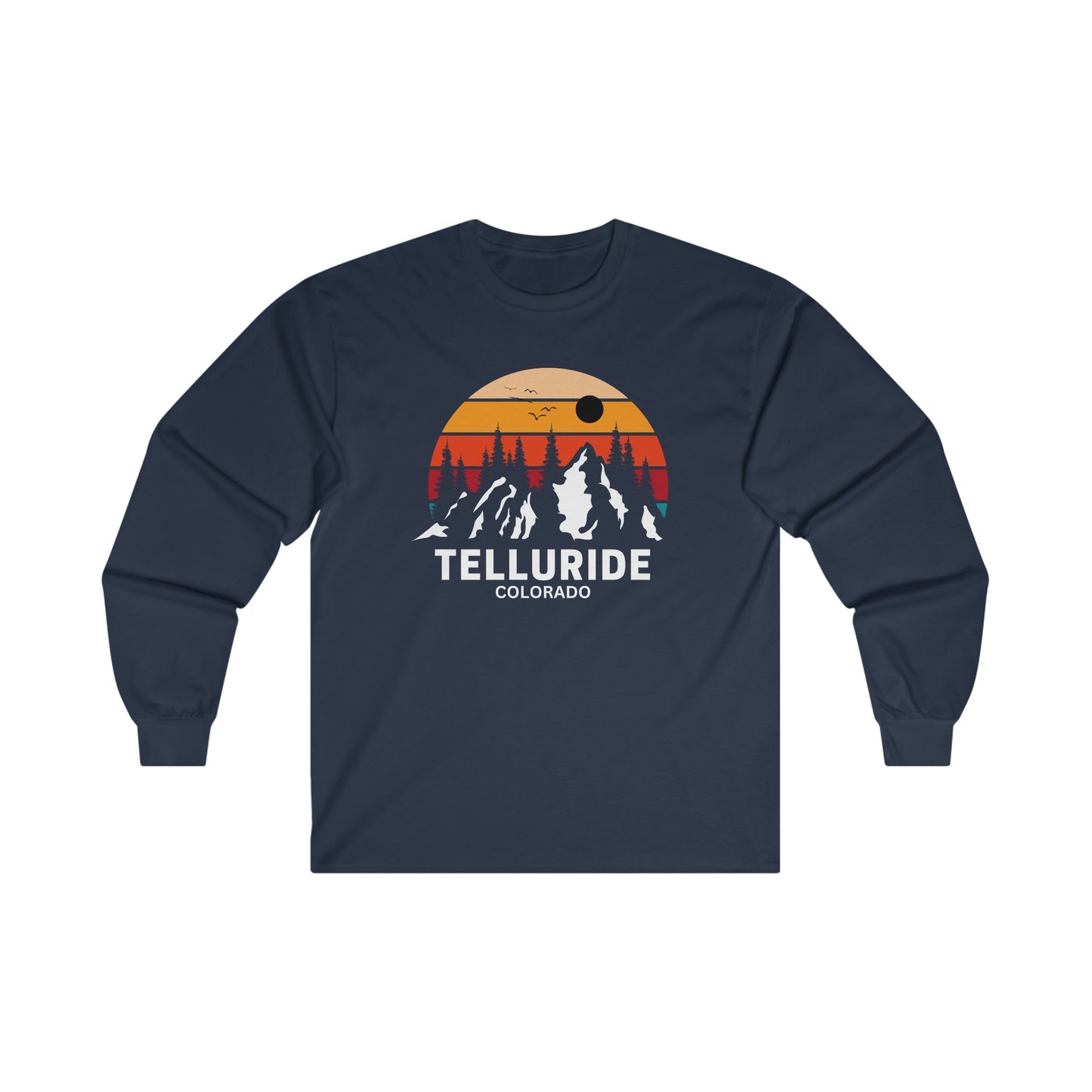 Long sleeve navy cotton unisex t-shirt with white lettering saying "Telluride Colorado". The t-shirt also has a colorful image of the mountains and a sunset in the background. The t-shirt is a stylish and comfortable way to show your love of skiing, hiking, and snowboarding at the Telluride Ski Resort. 